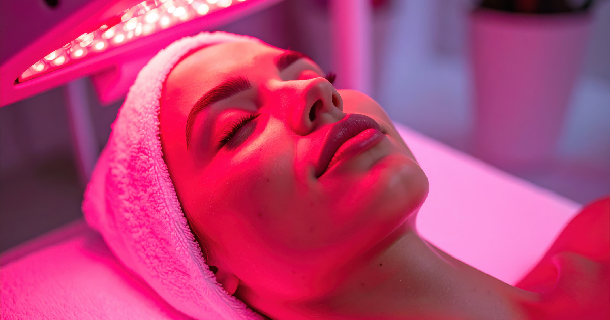 Woman receiving Celluma LED Light Therapy in New York, NY, relaxing with eyes closed under red LED light