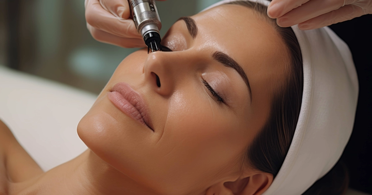 A woman receives microneedling in New York, NY, or permanent makeup on her eyelid from a gloved professional.