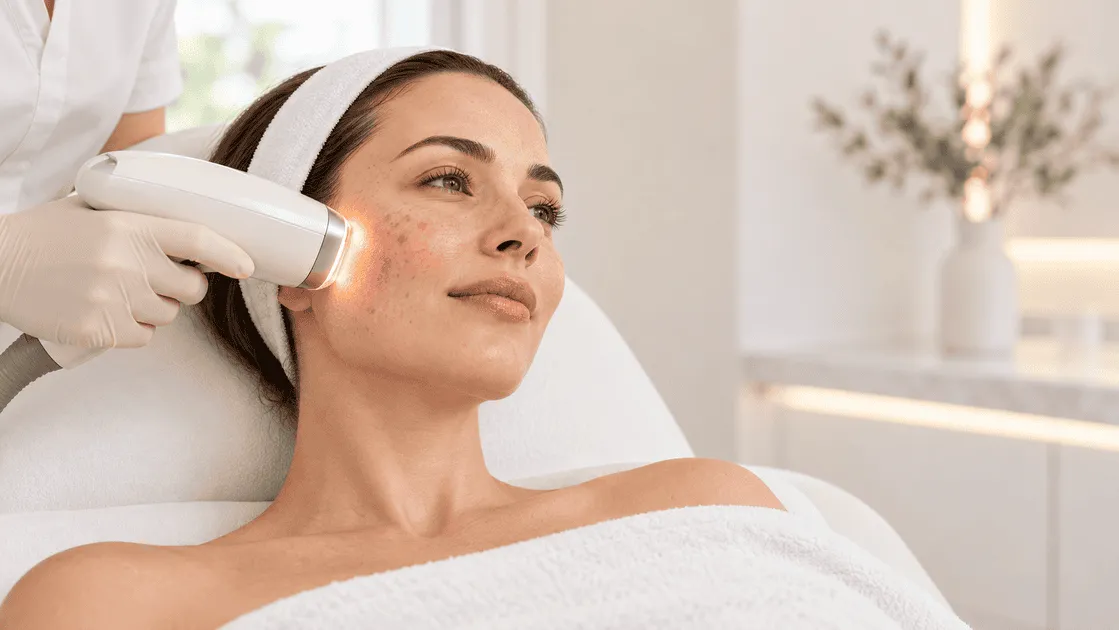 Woman receiving laser skin treatment for facial pigmentation and redness in a modern aesthetics clinic.