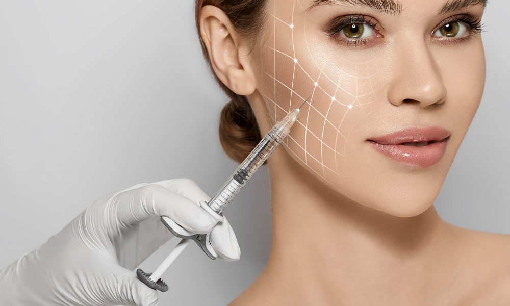 Beauty injections. Lifting lines on a woman's face showing of skin tightening and face contour correction with beauty injections in cosmetology