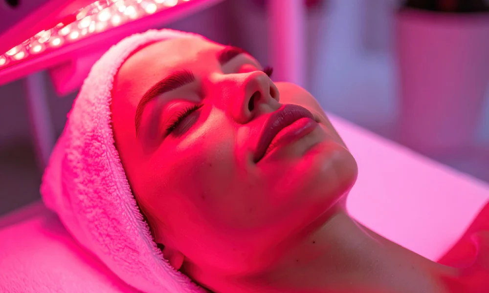 Woman receiving Celluma LED Light Therapy in New York, NY, relaxing with eyes closed under red LED light